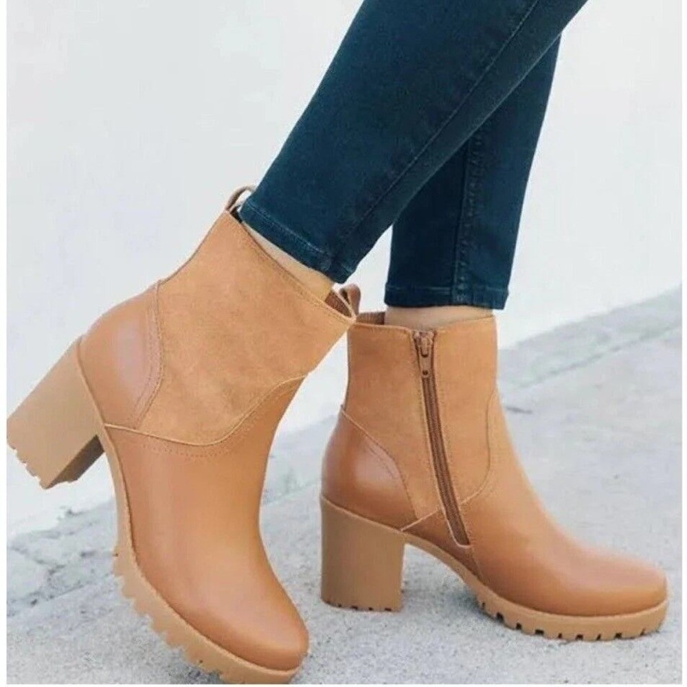 Soludos Dani Shearling Ankle Boots Womens 9 Tan Leather Block Heel Fall Comfort